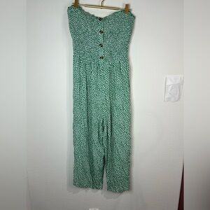 Green Smocked Strapless Jumpsuit | Polka Dot Print Wide Leg One Piece | Size XL
